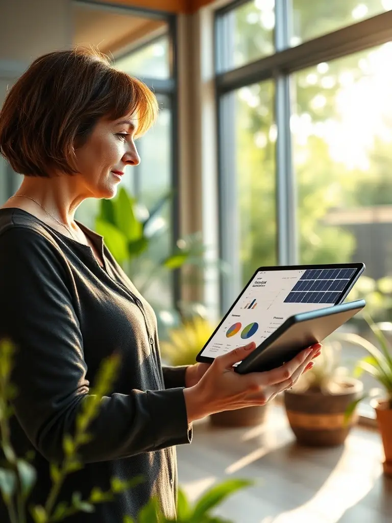 A consultant analyzing a home's energy usage with a tablet, focusing on solar panel potential, set against a backdrop of a modern, eco-friendly house.