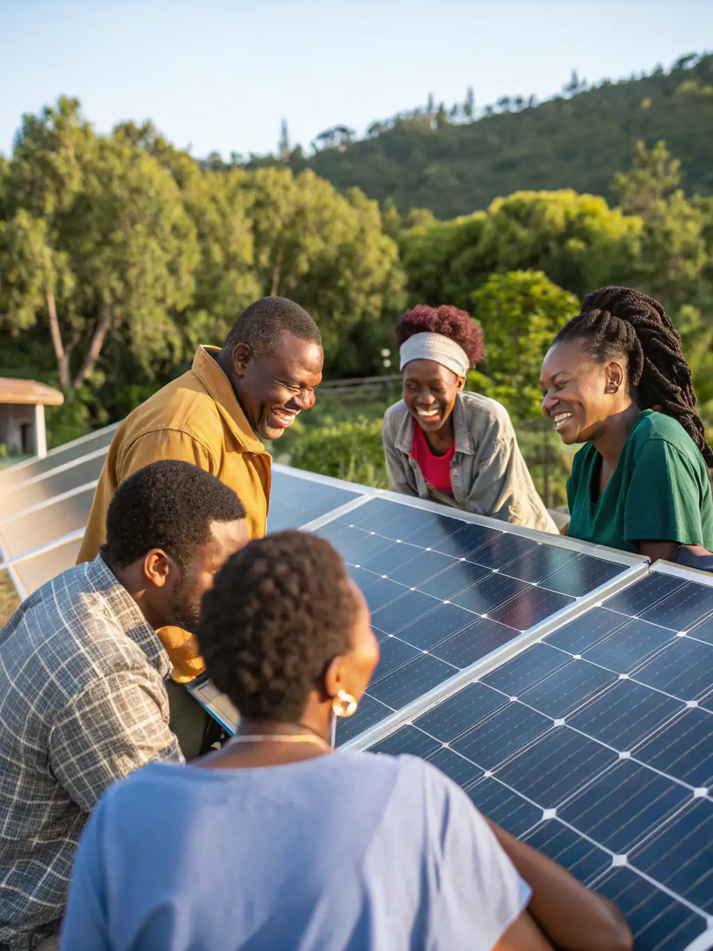 A diverse group of people collaborating on a community solar project, highlighting the benefits of shared renewable energy resources and community engagement.