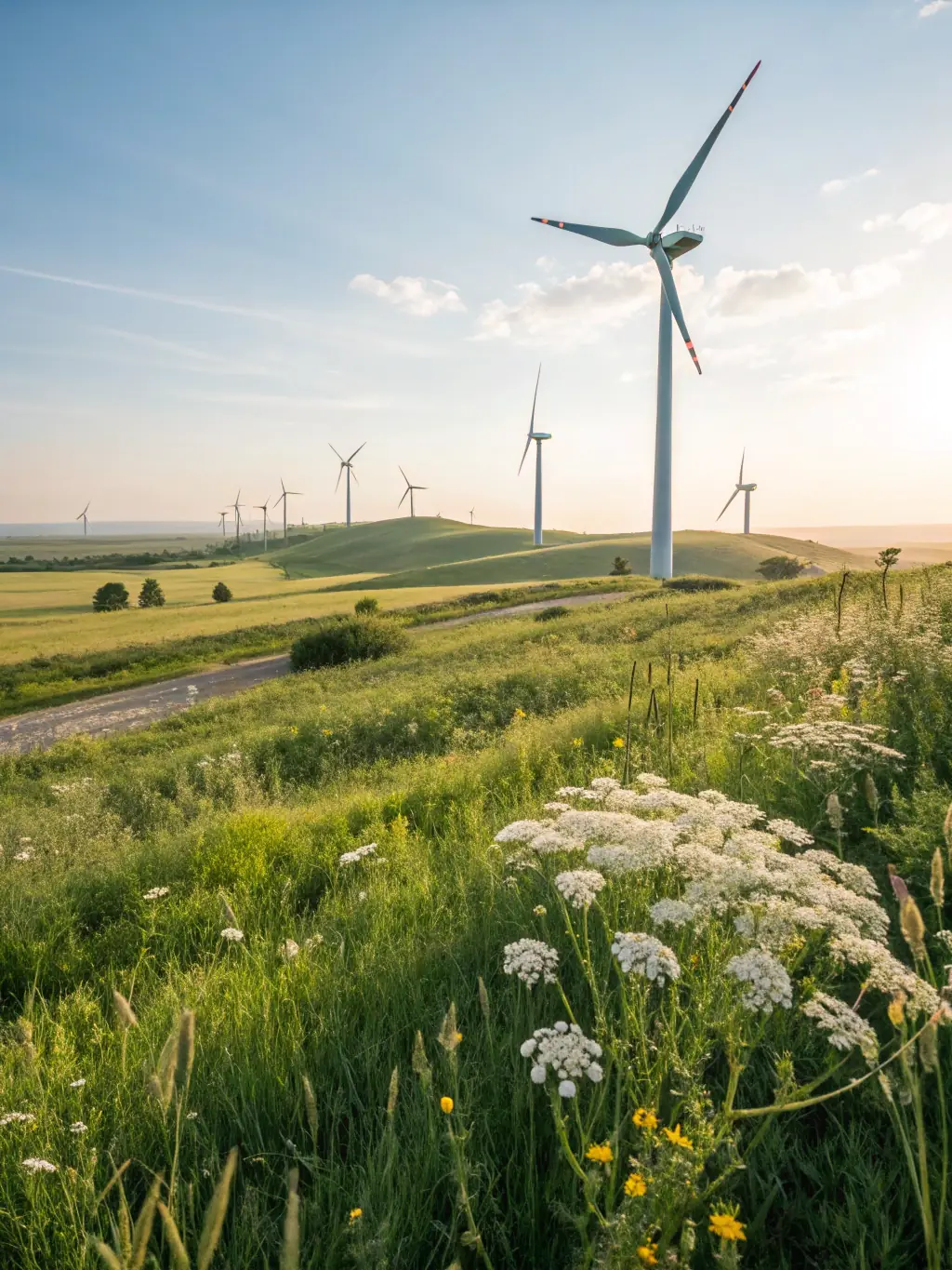 A wind turbine farm in a rural landscape, illustrating the potential of wind energy. The turbines are gracefully turning, capturing the wind's power.