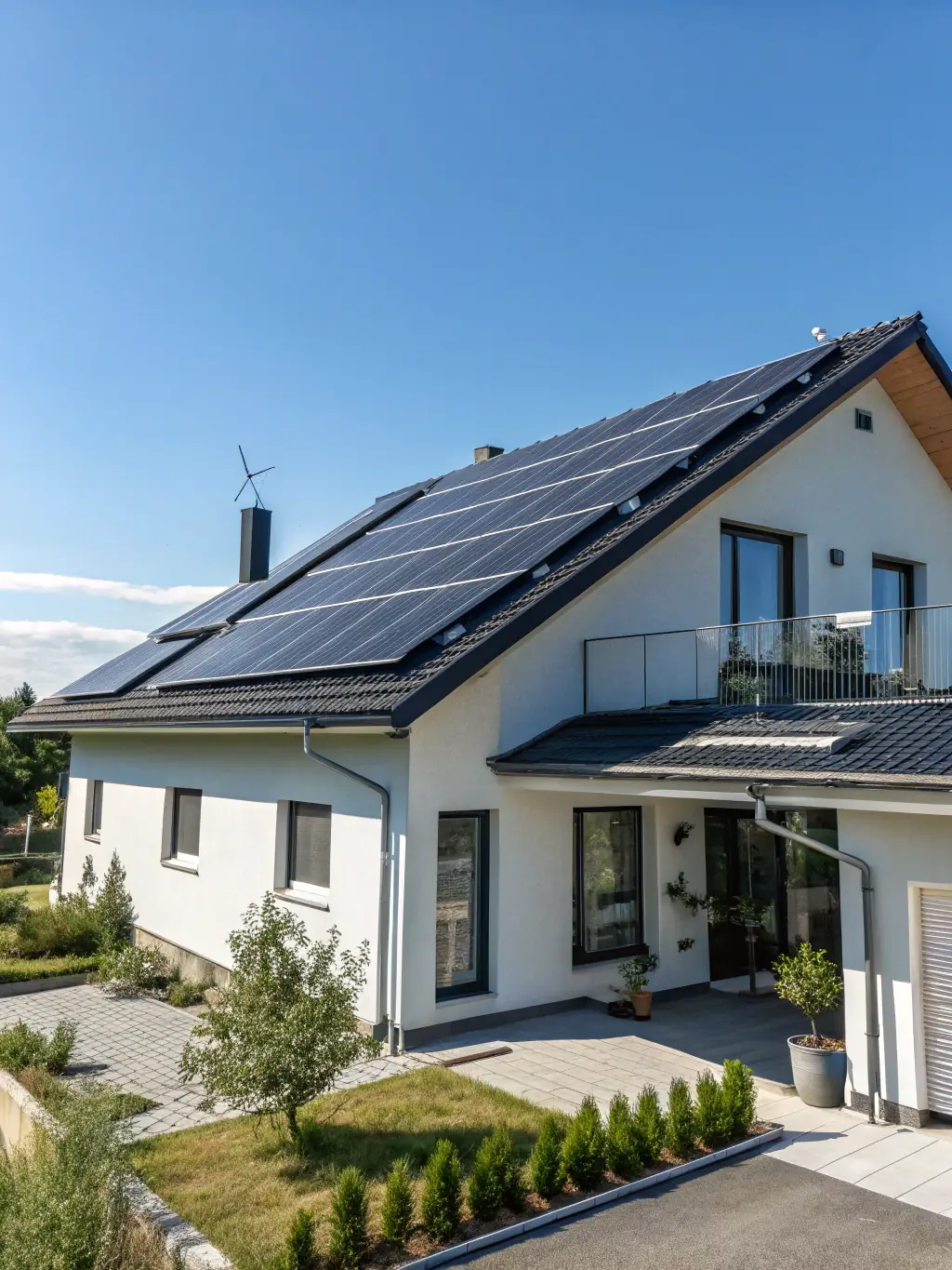 A modern solar panel installation on a residential rooftop, showcasing clean energy generation. The sky is blue and clear, symbolizing a bright, sustainable future.