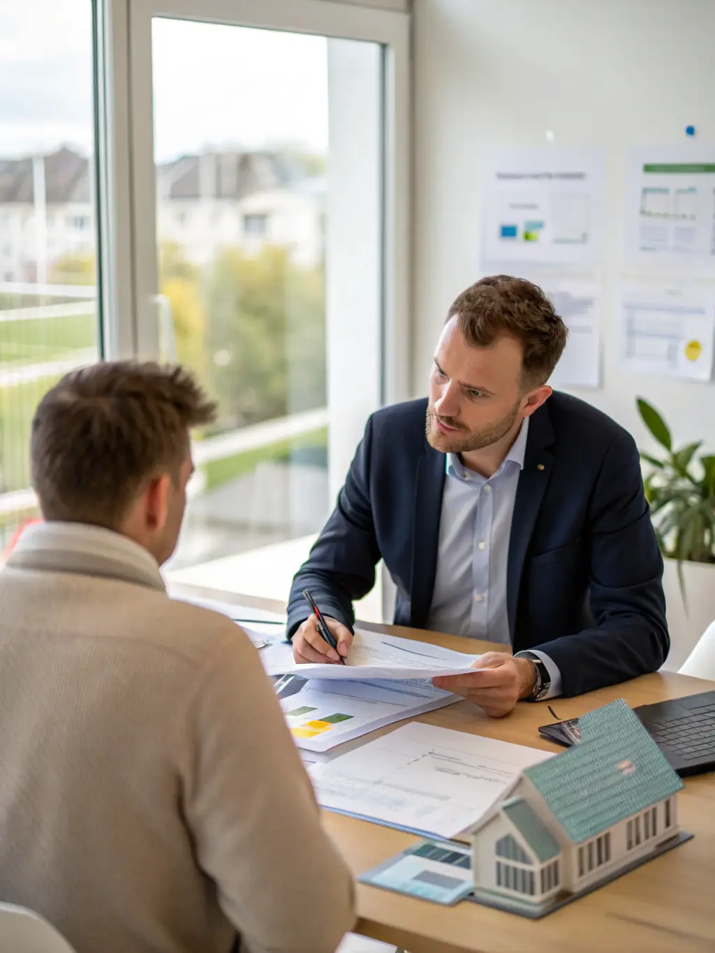 A consultant reviewing energy bills with a client at a table, showcasing the initial assessment phase.