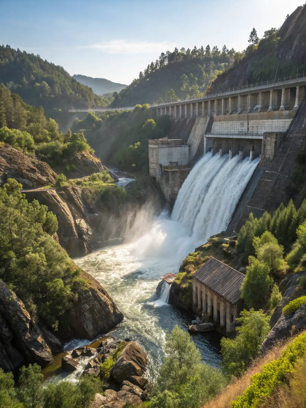 A hydroelectric dam with water flowing through the turbines, showcasing the power of water energy. The surrounding area is scenic and natural.